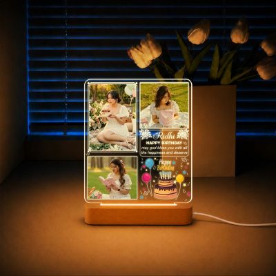 Personalized Photo Night Light with Wooden Base – Custom 3-Photo Acrylic LED Lamp with Name Birthday Gift for Her, Wife, Girlfriend, Daughter, Best Friend